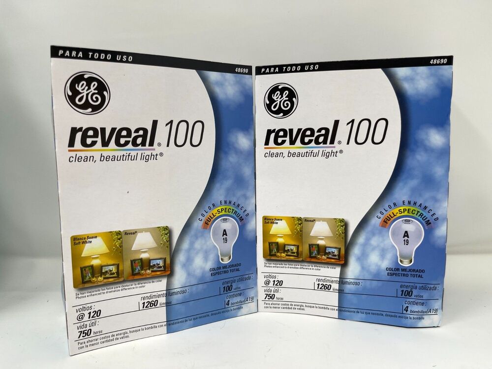 2x GE Reveal 100 Watt Light Bulbs A19 Pack of 4  ~New In Box~ ~ Discontinued